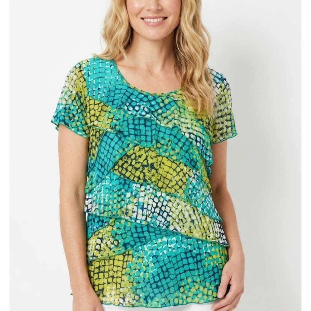 JM Collection size XL Blue Green Abstract Tight Mesh Nylon Tiered Stretch Top